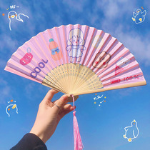 Summer portable fan folding fan Chinese style student card pass band tassel portable ancient Chinese clothing small bamboo fan hipster