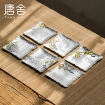 Tangshe handmade hammer pattern pure tin coaster Cup holder Tea set accessories Tea ceremony tin tea mat Insulation square tea cup mat