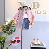 Do not return do not change brand childrens clothing 2019 summer new girl Han Xiao casual vertical stripe letter back graffiti loose