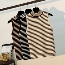 Knitted Vest Womens Early autumn wear small bottom half high collar short short sleeveless top striped soft waxy sweater