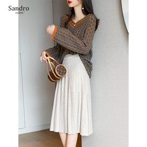 sandro selen gentle elegant knitted skirt skirt playful wooden ear design A- line dress thin ~