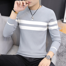 Mens sweater spring and autumn thin round neck pullover striped knitted base shirt Korean slim trend casual thread coat