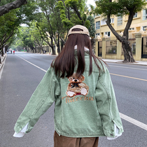 Yuki big white denim jacket female loose bf Korean version Chains Chains students Little Bear embroidered black 100 hitch blouse