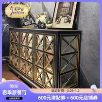 American Countryside Luxury Solid Wood Living Room Retro Silver Mirror Three Doors Genguan Cabinet Gold Leaf Ancient Blue Side Cabinet Decorative Cabinet