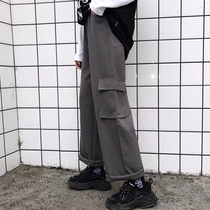 Spring and autumn Korean version ins super fire Harajuku port wind bf loose and versatile straight tube wide leg overalls Female student pants tide