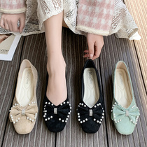 Pearl Shallow Mouth Single Shoe Woman 2022 New Spring Autumn 100 Hitch A Gentle Late Evening Fairy Wind Flat-bottomed Square Head Bean Bean Shoes