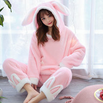 Spring and autumn winter coral velvet pajamas ladies cute hooded rabbit ears thick flannel warm home clothing set