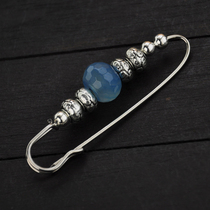 Retro faceted blue agate Miao silver transfer beads brooch pin sweater accessories open transport evil evil protection women jewelry