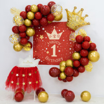 1 baby one year old birthday layout balloon decoration scene Chinese style Chinese style catch week Red background wall poster 2