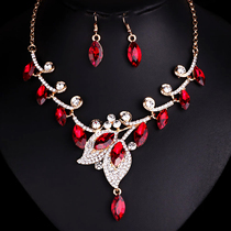 Korean Bridal Hyperbolic Accessories Red Crystal Gem Water Drill Necklace Ear Clip Two Sets Banquet Stage Ornaments