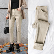High waist plus velvet jeans womens straight tube loose nine-point womens pants spring and autumn winter 2021 new khaki pipe pants