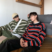 Hualun Japanese Academy Wind Striped Sea Soul Knit POLO Collar Loose Korean Tide Students Long Sleeve Sweater Men