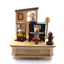 Taiwan jeancard Wooden Music Box Cats Play Piano Music Box Birthday Gift Valentine's Day Men and Women Spin