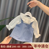 Baby fake two-piece dress Female child western style autumn dress Girls Denim strap dress Baby princess dress