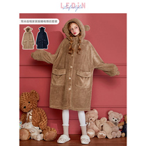 Le Cho monkey ears hooded couple bathrobe Female long nightgown Morning robe Autumn and winter home student cute large size