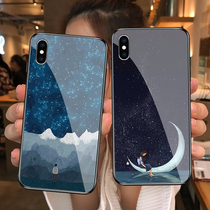 Beautiful moon starry sky cartoon couple illustration Apple 6 6splus i7 8plus Frosted tempered glass mirror phone case iPhoneXS max X XR silicon
