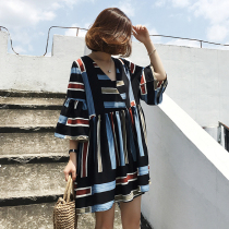 Pregnant women Summer Snow spinning Liandress V Pilot short sleeves Increase code High waist reducing age Slim Comeback Doll Skirt summer