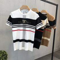Autumn new high-end hot diamond short sleeve sweater men slim striped round neck sweater mens Tide brand half sleeve