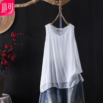 Fat sister summer sleeveless camisole cover belly loose large size 200 pounds with cotton and linen base shirt top women