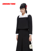 SHUSHU TONG LACE-up bow STRAIGHT long-sleeved slotted low-neck top SHORT women