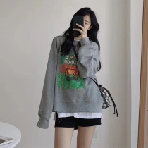 Gray little man plus velvet sweater female 2021 Spring and Autumn New Korean version of loose bf lazy wind top tide ins