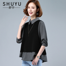 Plaid shirt womens long sleeve 2021 Autumn New loose casual stitching fake two pieces popular age-reducing foreign-style small shirt