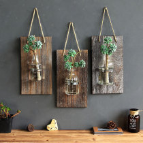 American wooden board hydroponic green plant wall hanging Restaurant hotel creative transparent glass vase flower pot wall decoration