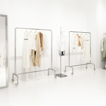 Clothing store display stand stainless steel pull ribbon wheel floor-standing silver hanging clothes pole womens clothing store shelf display rack