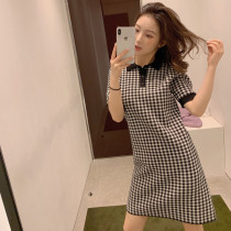 European station new summer 2021 long little short-sleeved grid fashion pattern Polo collar dress woman