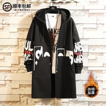 Fashion brand autumn and Winter Korean version of the long windbreaker mens fashion handsome coat Fat loose casual large size tooling coat