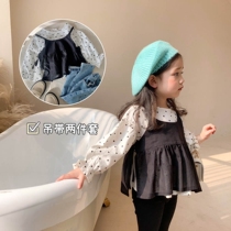  Girls Round neck shirt two-piece 2021 spring Korean baby cute polka dot black suspender top Western style