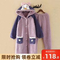 Coral velvet pajamas womens autumn and winter cartoon cute long sleeve warm robe set thick lamb velvet sweet home wear