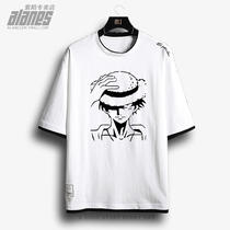 Two-dimensional animation Luffy female emperor Solon fake two-piece pure cotton short-sleeved T-shirt mens student youth clothes