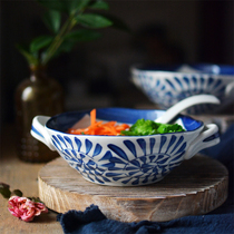 Japanese style and style hand-painted double ear bowl household ceramic double ear soup bowl instant noodle bowl salad bowl Bowl soup bowl noodle bowl