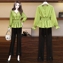 Big woman high-end large size womens clothing 2020 early autumn new fat mm foreign style thin Chiffon shirt pants two-piece suit