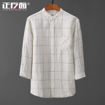 Solar grid upright collar pure linen 70% sleeve shirt male youth round collar breathable and comfortable hemp cloth linen shirt E