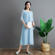 2021 spring and summer new Chinese style embroidered dress Chinese loose large size fairy dress zen tea dress female