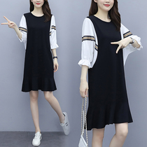 Fat sister 2023 summer new Korean version of large size womens clothing loose belly cover splicing design fishtail skirt hem dress autumn