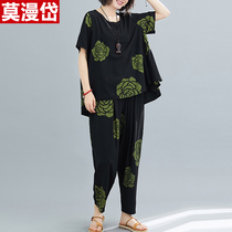 Cotton Linen Suit Woman Summer Dress 2022 New Mother Cover Slim Retro Printed Linen Kharen Pants Two Sets