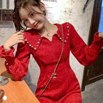 Red New Years eve skirt waist thin 2021 spring and summer temperament new Korean long-sleeved womens dress inner skirt