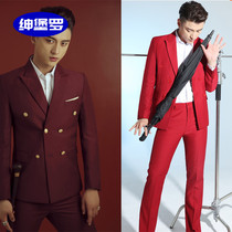 Performance suit dark wine red new host dress men's Korean slim fit studio double-breasted men's suit