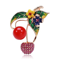 Silver Qianfang Workshop Korean Version Drip Oil Cute Inlaid Drilling Fruit Cherry Brooch Chest Needle Summer Fashion Chest Floral Clothing Accessories Accessories