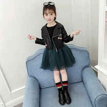 Girls Net red suit skirt 2021 new childrens foreign fashion fashion autumn leather jacket jacket dress two-piece set