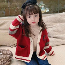 2021 new girls knitted cardigan spring and autumn thin foreign style children's autumn coat baby V-neck sweater coat