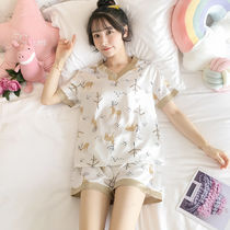  Pajamas womens summer ice silk short-sleeved womens two-piece suit plus size V-neck pajamas home clothes women plus fat mm