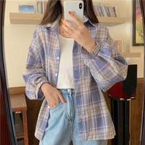 2021 spring new plaid shirt female student Korean loose POLO collar long sleeve shirt thin coat coat women