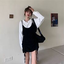 (Premium) New Big Code Short Skirt Fashion Design Sense Drawing Rope Fake Two thin long sleeves Dress Lady Tide