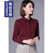 Wine red shirt womens long-sleeved fashion temperament top 2021 spring and autumn foreign style base professional wear brushed shirt