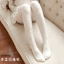 Autumn and winter handmade three-dimensional sweet lace flowers hot diamond pearl pantyhose white thickened stockings leg socks