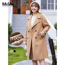 MsShe large size womens winter flip collar double-breasted wool medium and long double-sided woolen coat coat